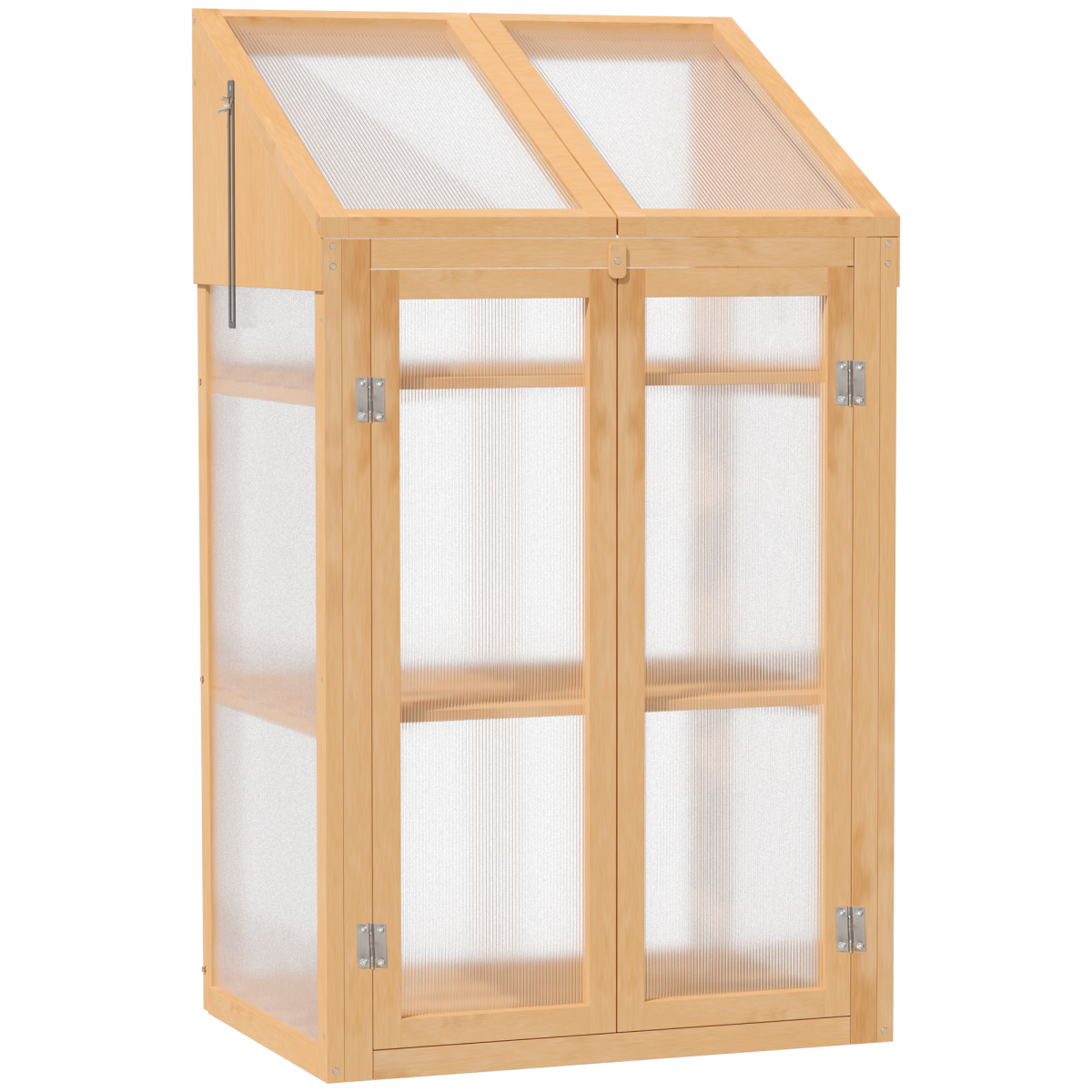 Outsunny Wooden Cold Frame Greenhouse with Polycarbonate Panels, Top Windows & 3 Shelves – 70x50x120cm, Brown