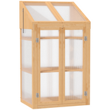 Outsunny Wooden Cold Frame Greenhouse with Polycarbonate Panels, Top Windows & 3 Shelves – 70x50x120cm, Brown