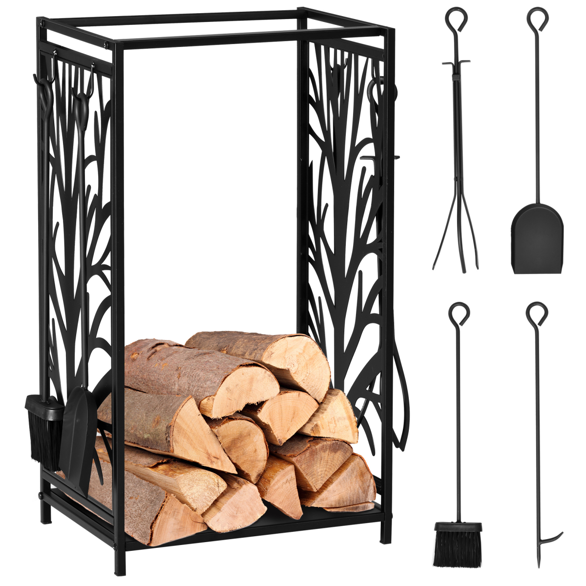 HOMCOM Heavy Duty Firewood Log Rack with 4 Fireplace Tools – Indoor and Outdoor Wood Stacker Storage