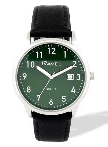 Ravel Men's Date Watch, Green Dial, Silver Case, Black Faux Leather Strap