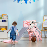Kids 3-in-1 Slide with Climber & Basketball Hoop – Indoor Toddler Play Slide for 18-36 Months, Pink & Grey