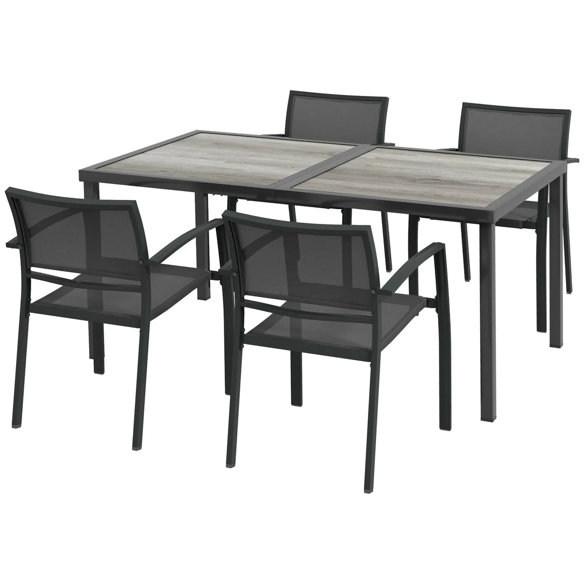 Outsunny Five-Piece Outdoor Dining Set with Wood-Effect Table and 4 Stackable Chairs – Garden Furniture, Grey
