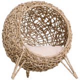 PawHut Rattan Elevated Cat House with Cushion – Hand-Woven Kitten Bed Pet Furniture, Natural