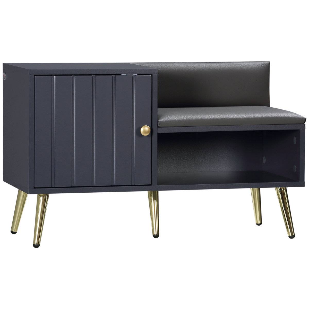 Grey hallway shoe bench with storage cabinet and cushion