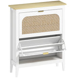 HOMCOM Boho Slim Shoe Cabinet with 2 Flip Drawers and Rattan Doors – Holds 14 Pairs, White