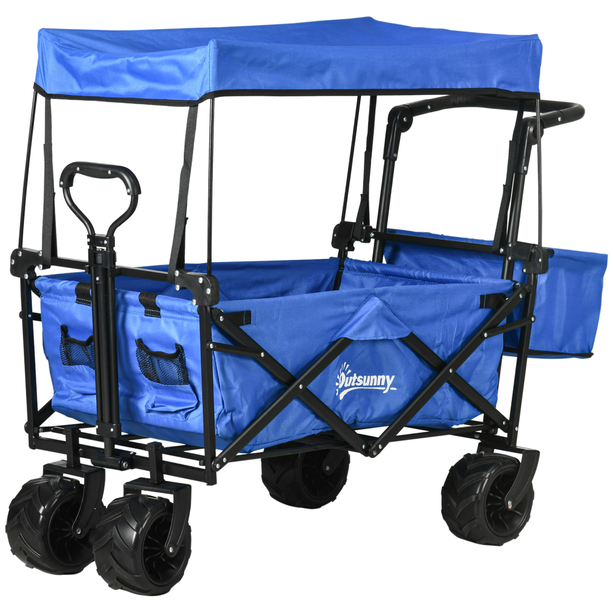 Outsunny Folding Trolley Cart with 4 Wheels, 2 Compartments, Canopy & Telescopic Handle – Garden Storage Wagon, Blue