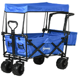 Outsunny Folding Trolley Cart with 4 Wheels, 2 Compartments, Canopy & Telescopic Handle – Garden Storage Wagon, Blue