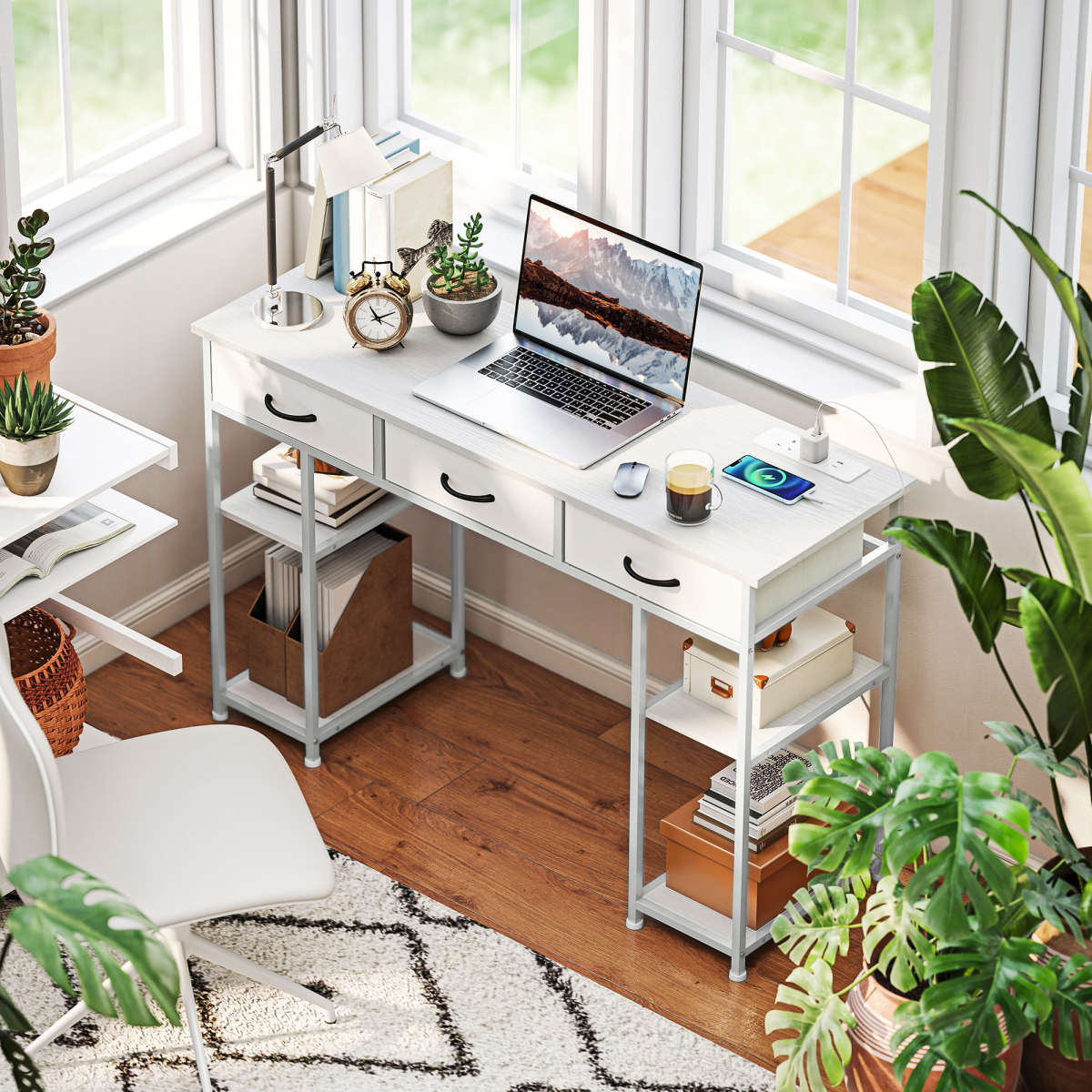 Computer Desk with Charging Station, 3 Fabric Drawers & 4 Shelves – Home Office Writing Table, White