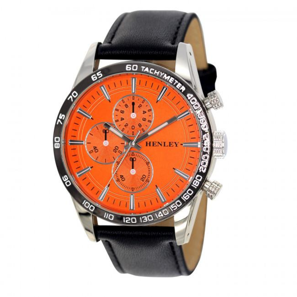 Henley Men's Polished Silver Sports Multi-Eye Watch – Orange Dial, Black Faux Leather Strap