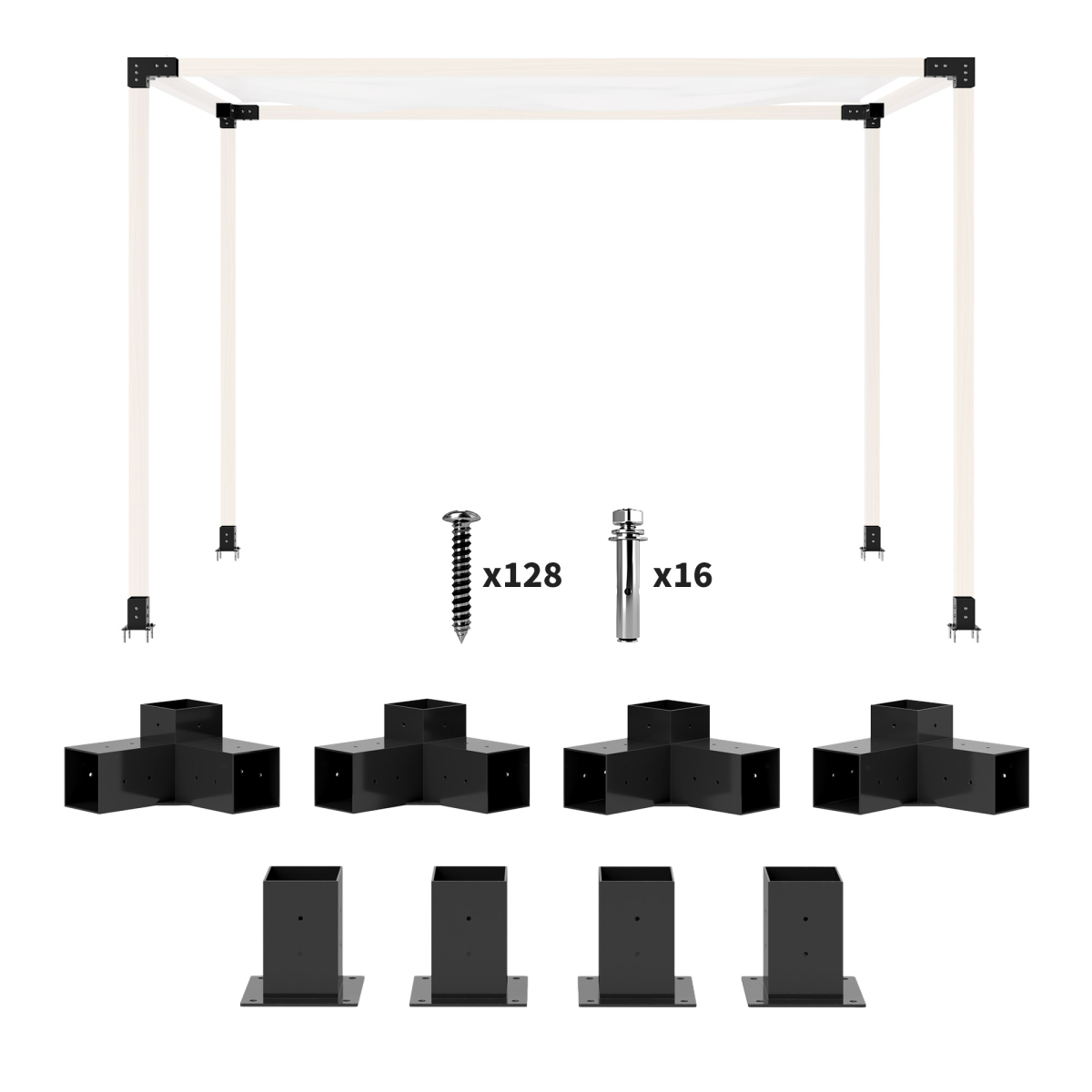 Outsunny Metal Pergola Kit with 3-Way Corner Brackets & Post Base for 92mm Lumber – Black