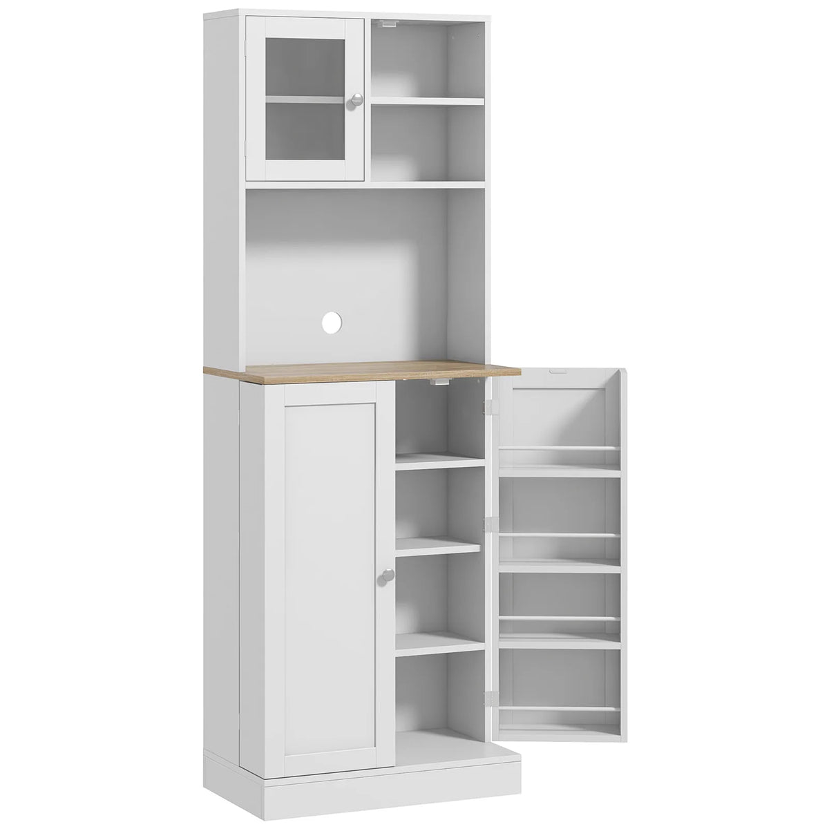 HOMCOM Two-Part Kitchen Storage Cabinet with Microwave Space, Adjustable Shelves & Frosted Glass Door – White