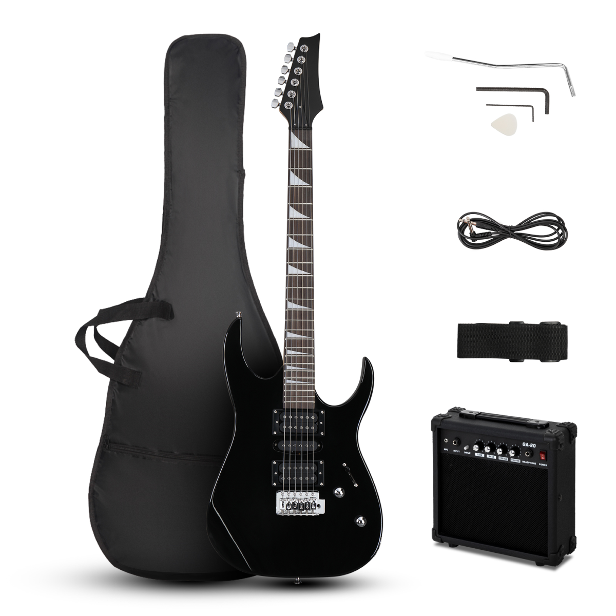 Black electric guitar kit with amp