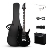 Black electric guitar kit with amp