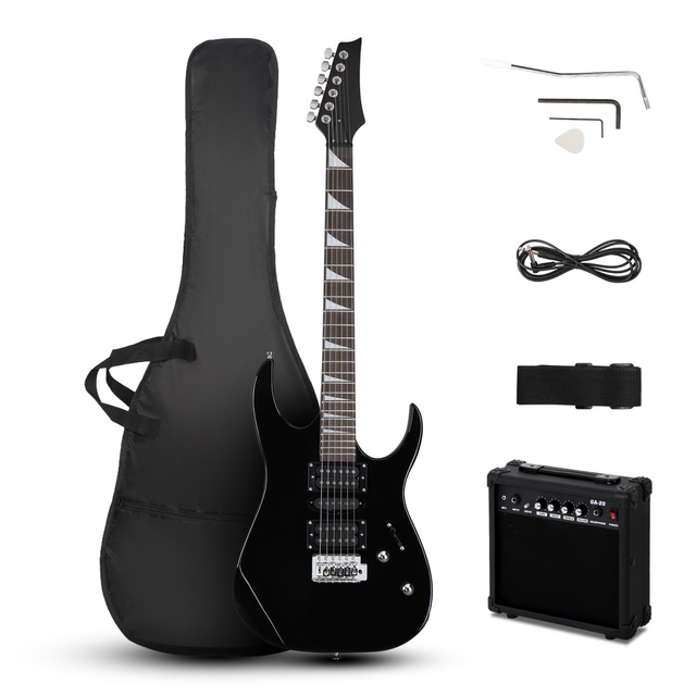 Black electric guitar kit with amp