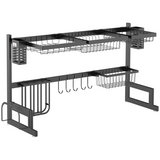 HOMCOM Over The Sink Dish Drainer Rack with Utensil Holders, Knife Holder & Hooks – 2-Tier Steel Rack, Black