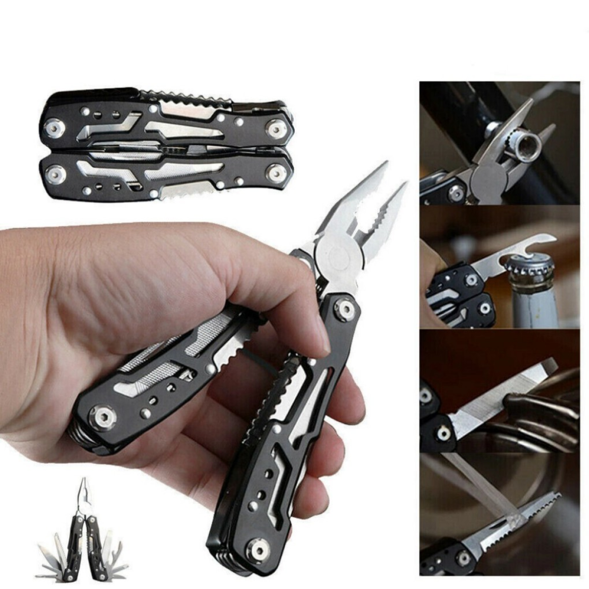 Stainless Steel Multi-Tool Folding Pocket Pliers with Saw, Knife & Bottle Opener – Outdoor Camping Tool, Black