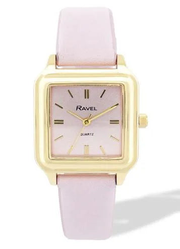 Ravel Ladies Summertime Square Gold-Tone Watch with Pink Faux Leather Strap, 28mm