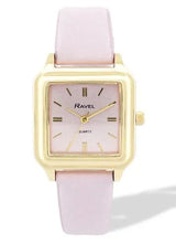 Ravel Ladies Summertime Square Gold-Tone Watch with Pink Faux Leather Strap, 28mm