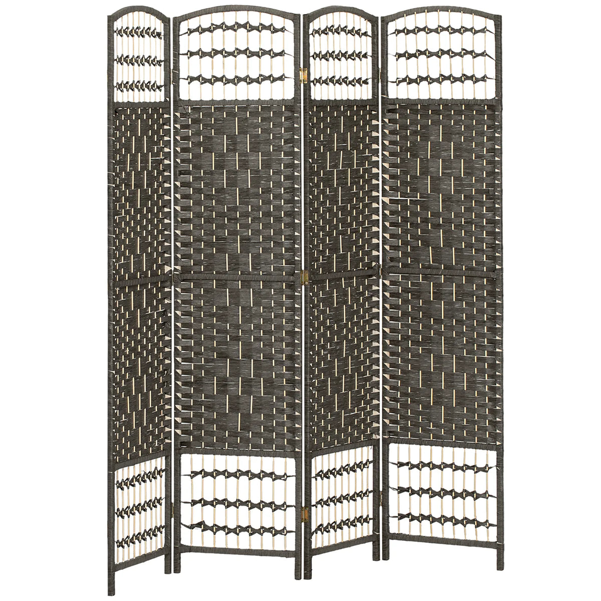 HOMCOM 4 Panel Folding Privacy Screen with Pine Wood Frame – Hand-Woven Room Divider, Dark Grey
