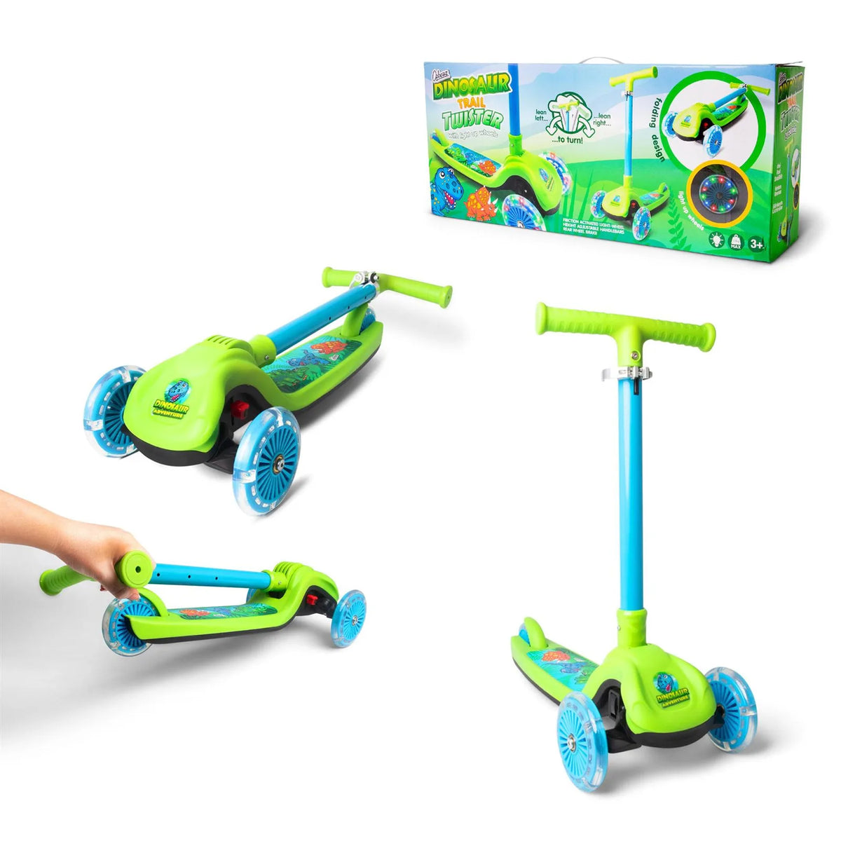 Ozbozz Dinosaur Trail Twister Folding Scooter with 3 Light-Up Wheels – Kids Outdoor Ride-On, Green
