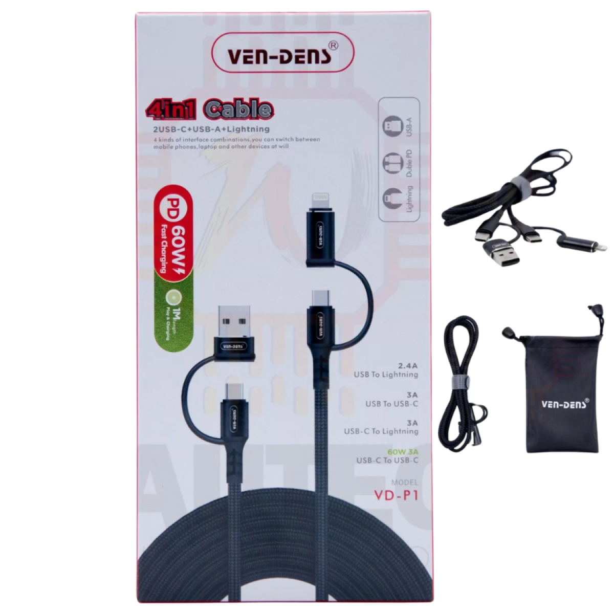 Ven-Dens 4-in-1 60W PD Fast Charging Cable with 2 USB-C, USB-A & Lightning – Braided, Aluminium Shell