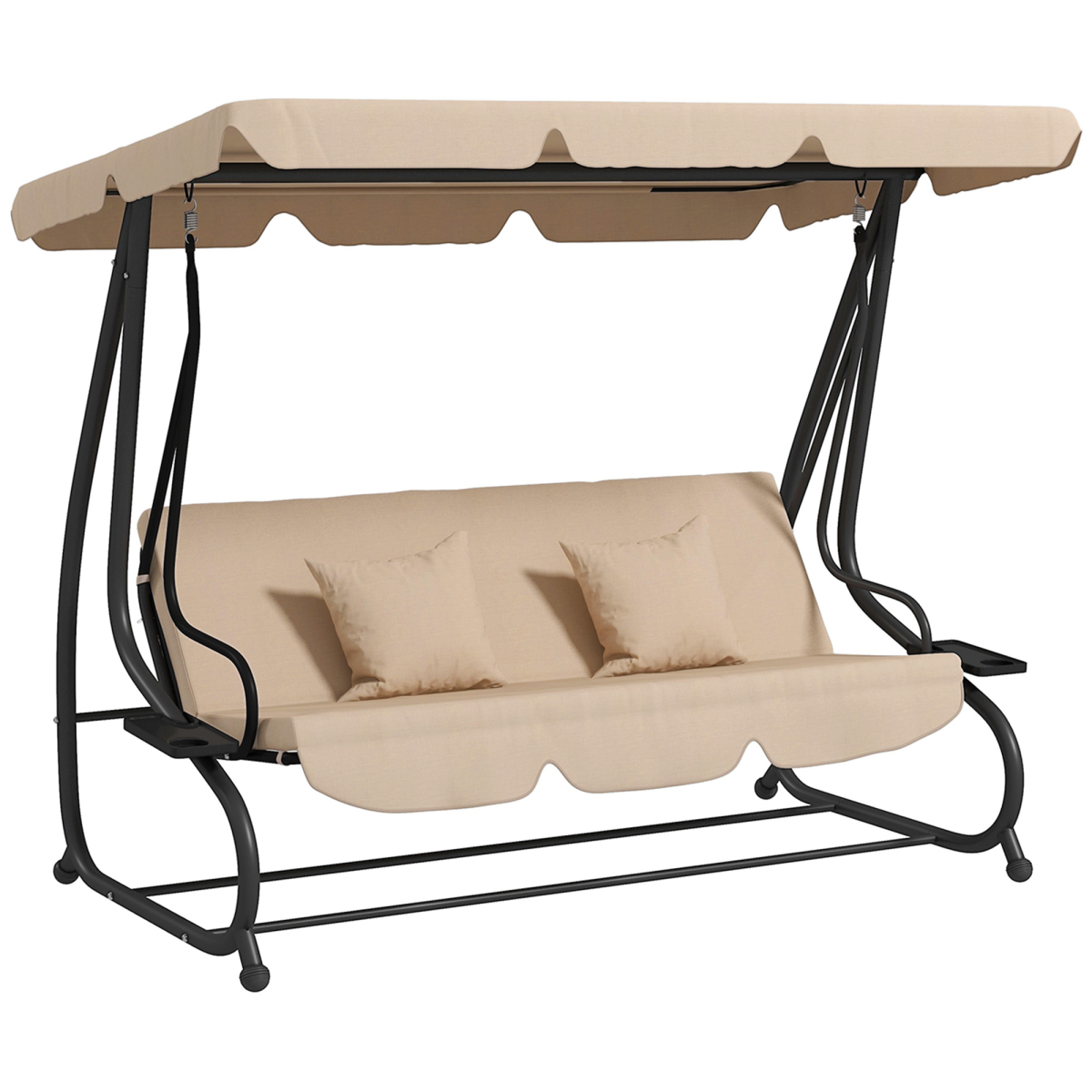 Outsunny 2-in-1 Garden Swing Chair for 3 People with Adjustable Canopy & Convertible Bed – Patio Hammock Seat, Light Brown