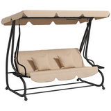 Outsunny 2-in-1 Garden Swing Chair for 3 People with Adjustable Canopy & Convertible Bed – Patio Hammock Seat, Light Brown