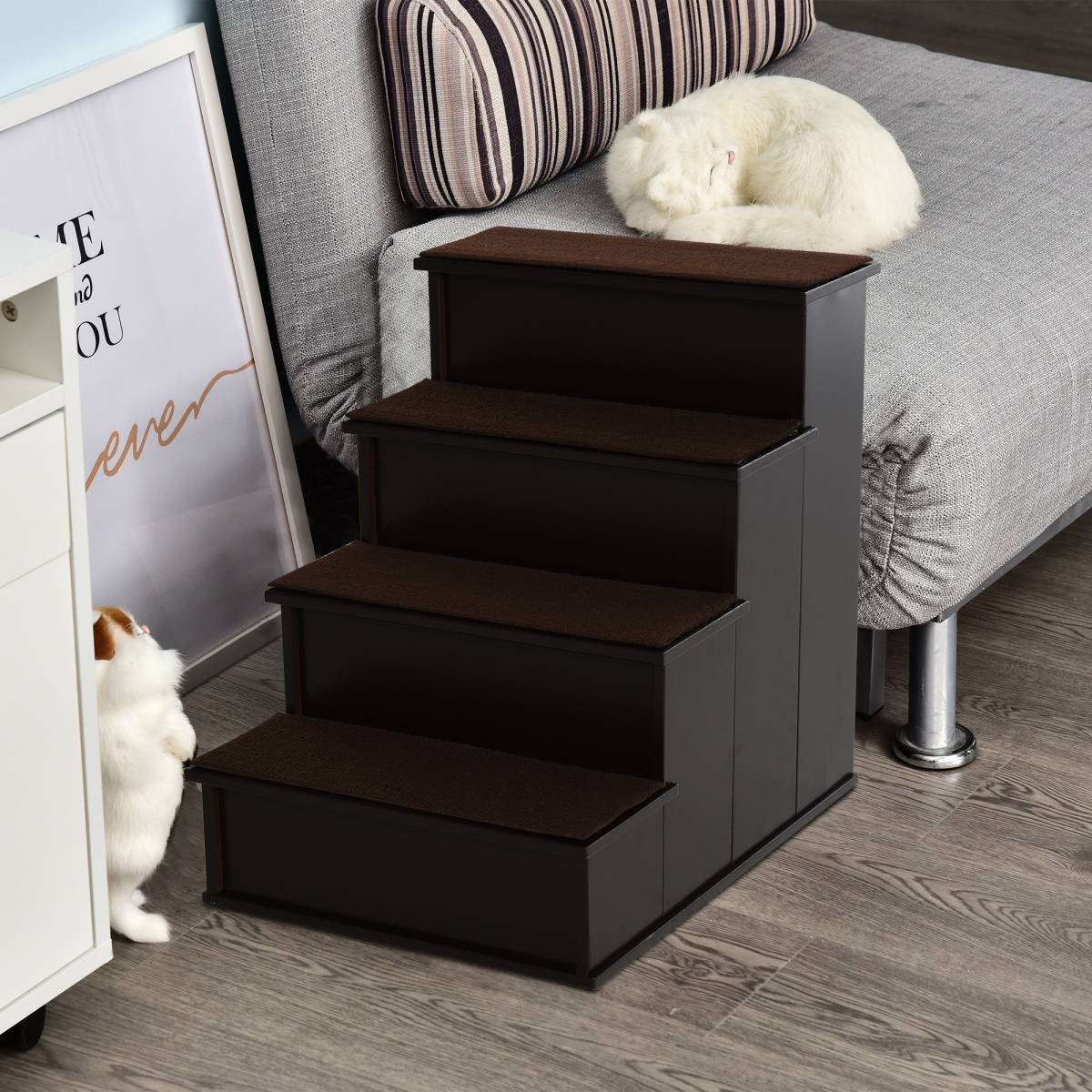 Four-Step Pet Stairs with Plush Cushioned Steps – Pet Steps for Beds & Sofas, Elderly or Mobility-Limited Pets, Brown