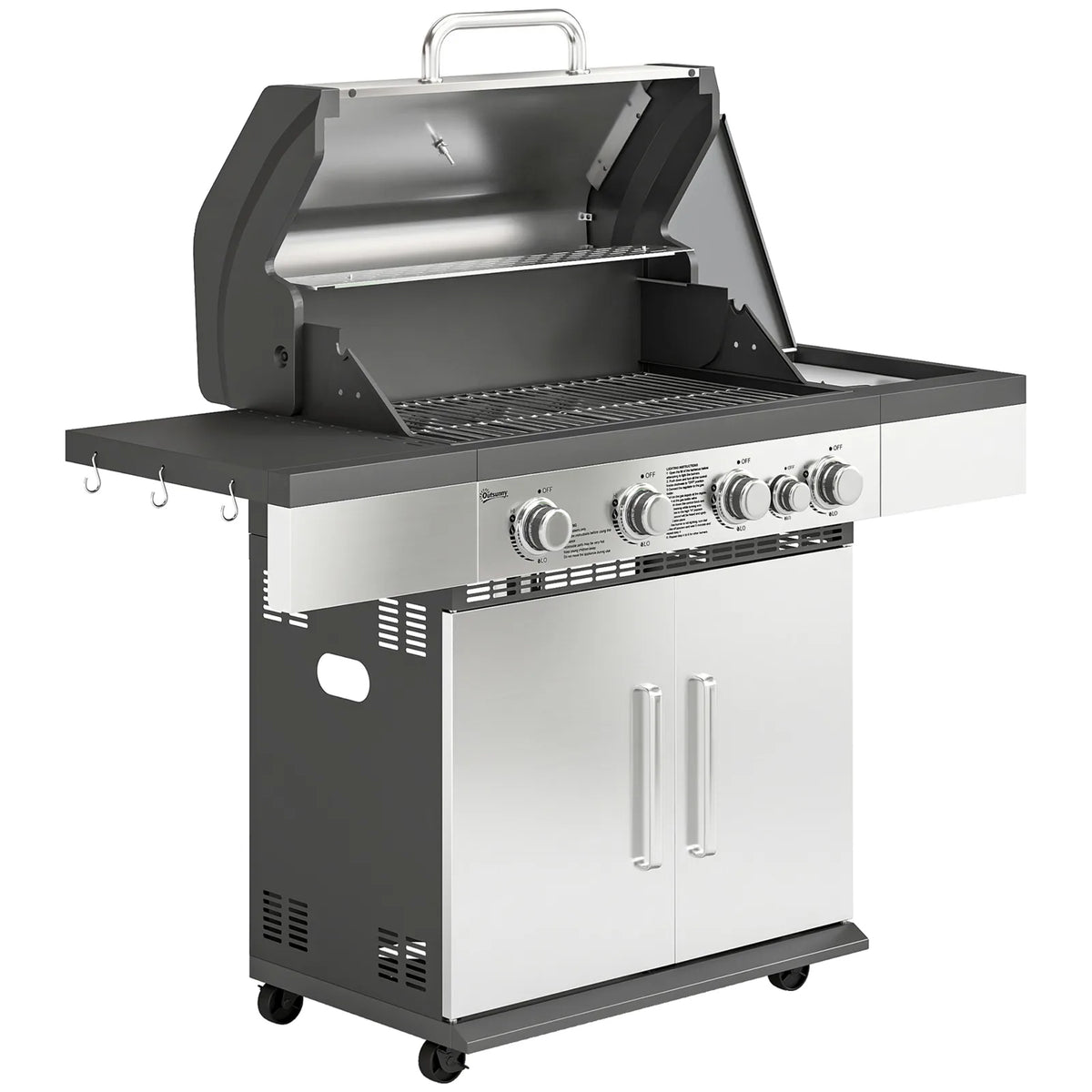 Outsunny 4 Burner Gas BBQ Grill with Side Burner, Warming Rack, Side Shelf & Storage Cabinet – Portable Propane Barbecue