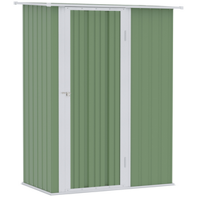 Green garden storage shed with lockable door