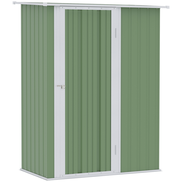 Green garden storage shed with lockable door