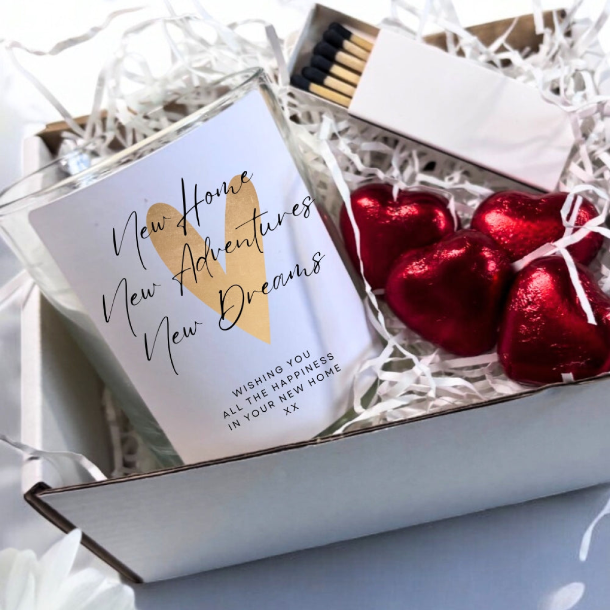 Gold Heart New Home Candle Gift Set – Fresh Linen Scent with Chocolates and Matches