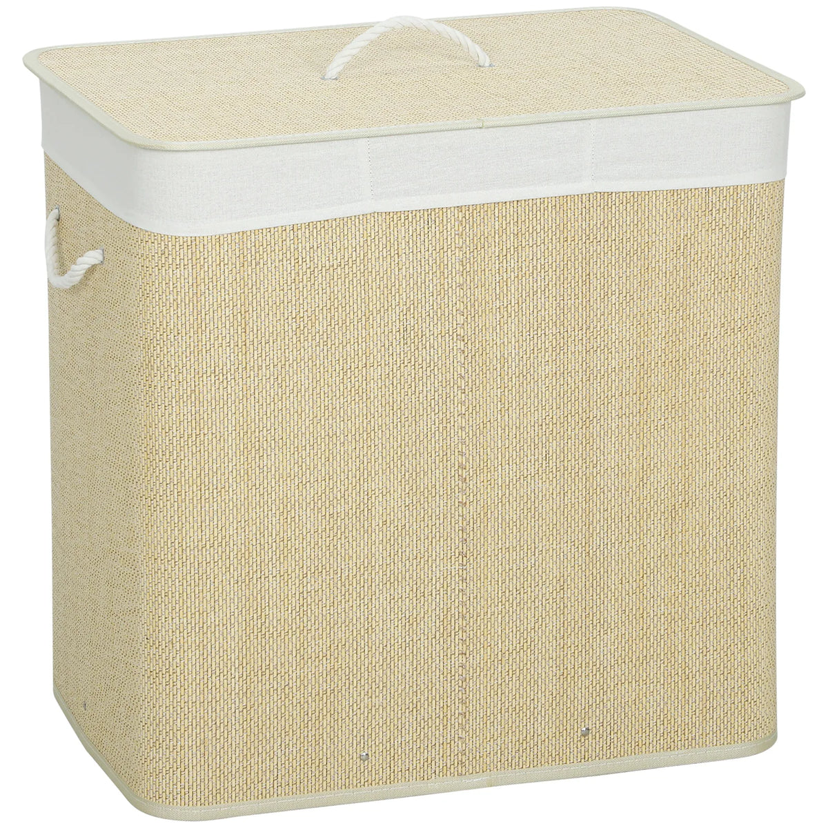 HOMCOM 3 Section Laundry Basket with Lid, 144L Bamboo Laundry Hamper with Handles and Liner, Cream White