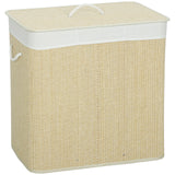 HOMCOM 3 Section Laundry Basket with Lid, 144L Bamboo Laundry Hamper with Handles and Liner, Cream White
