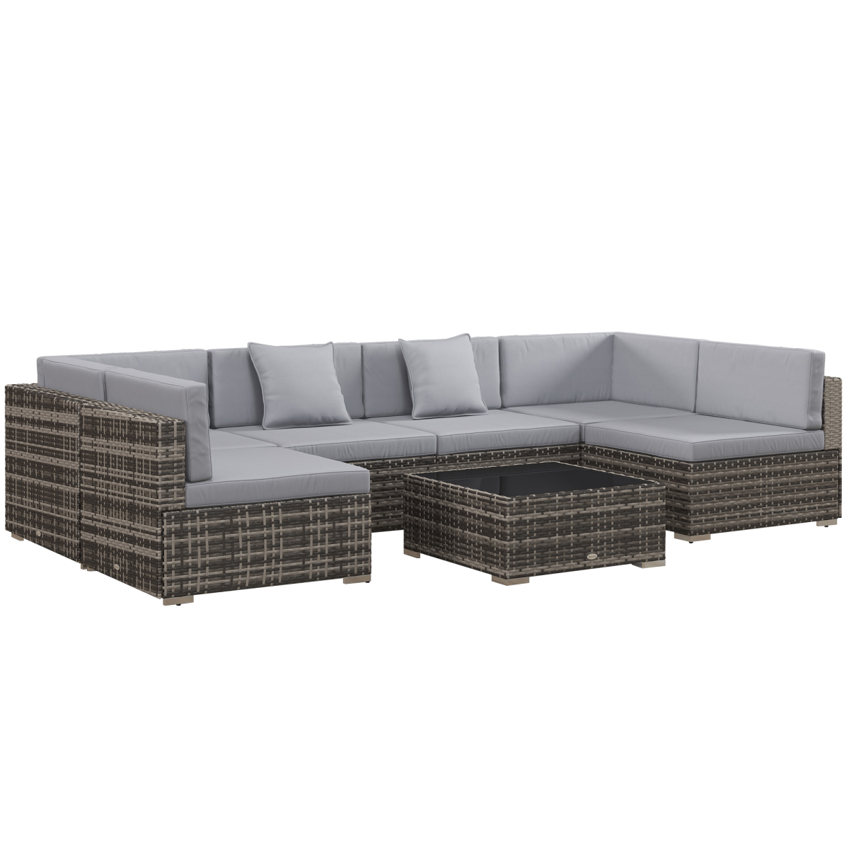 Outsunny 7-Piece Rattan Garden Furniture Set with Cushioned Sofas & Tempered Glass Coffee Table, Grey