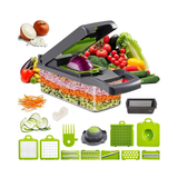 15-in-1 Vegetable Fruit Chopper with 1.5L Container & Drain Basket – Onion Dicer, Kitchen Slicer, Green & Grey