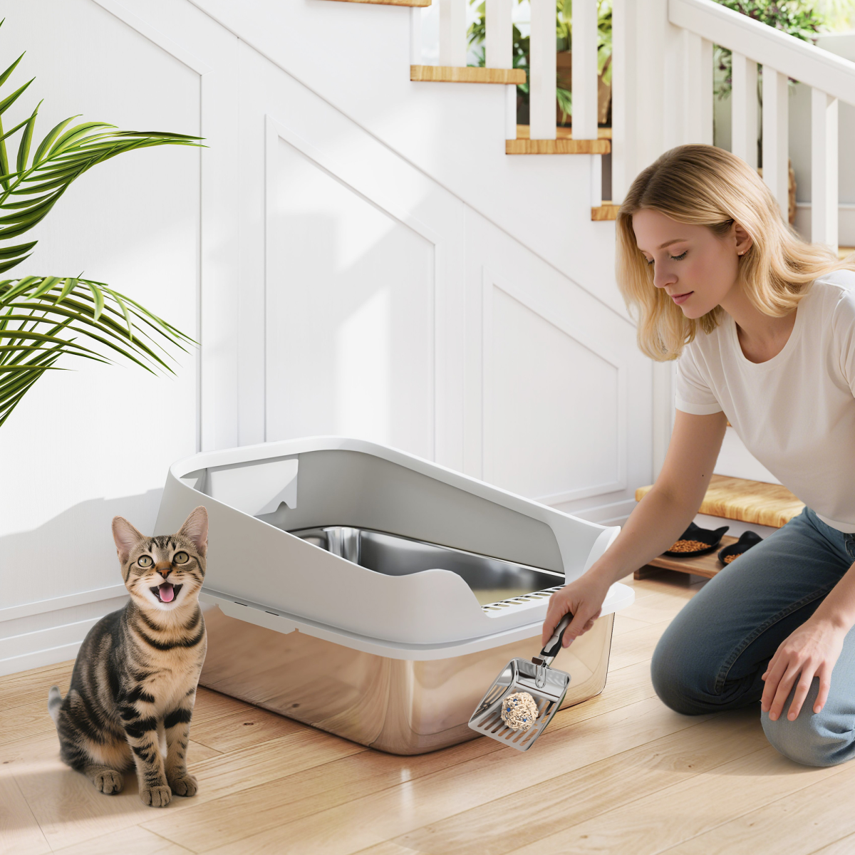 XL Stainless Steel Cat Litter Box with High Sides, Scoop & Entryway Litter Catcher – Large Pet Toilet, Grey
