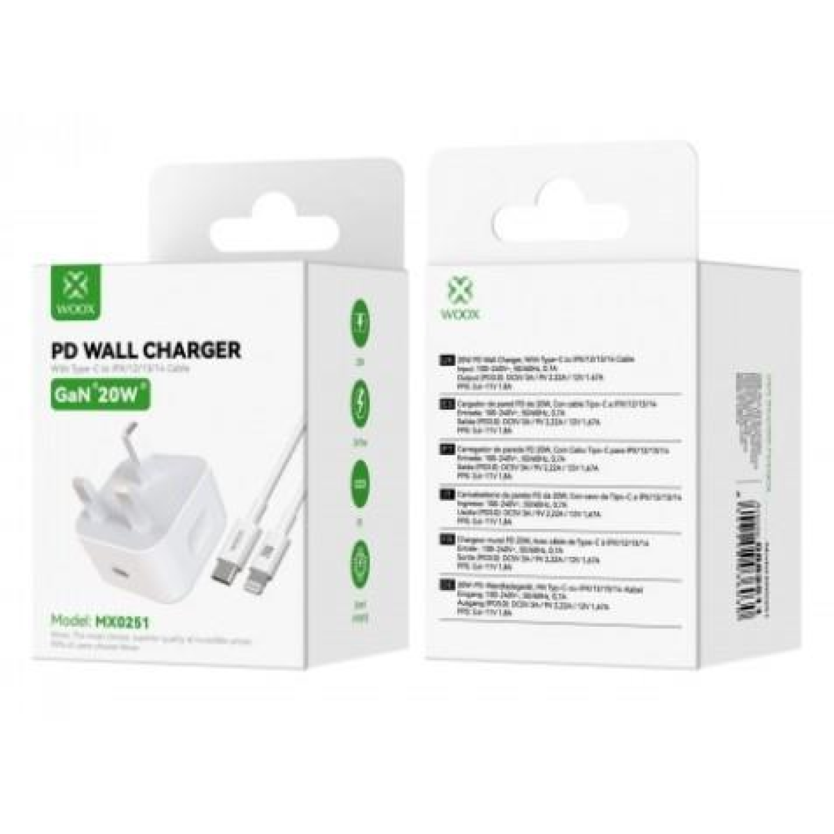 WOOX MX0251 20W PD Home Charger with Type-C to Lightning Fast-Charge Cable, 5V 3A, White