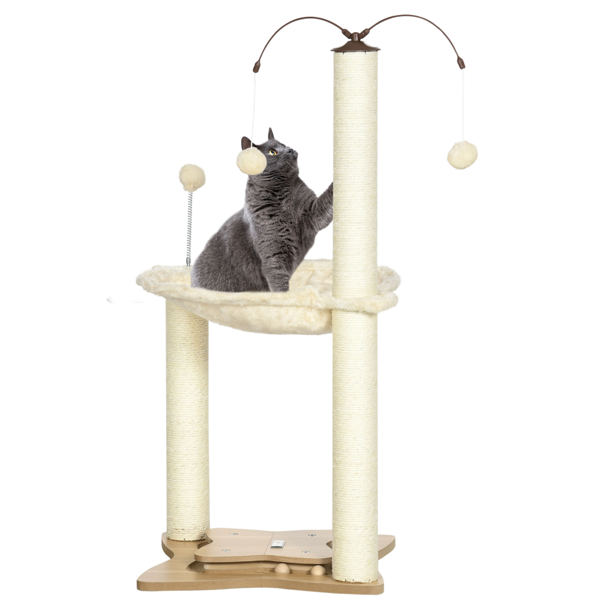 PawHut Cat Tree for Indoor Cats with Sisal Scratching Posts, Hammock & Toy Ball – Beige, 90cm