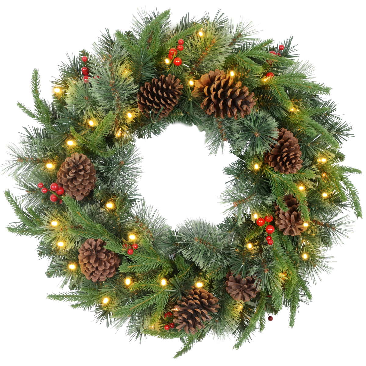 HOMCOM 60cm Christmas Wreath with 50 Warm White LED Lights, Pine Cones & Red Berries – Door Decoration, Green