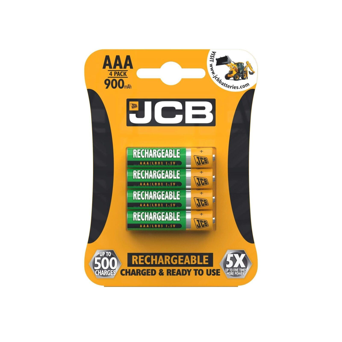 JCB AAA 900mAh Rechargeable Batteries – Pack of 4, Pre-Charged and Ready to Use, Up to 500 Charges
