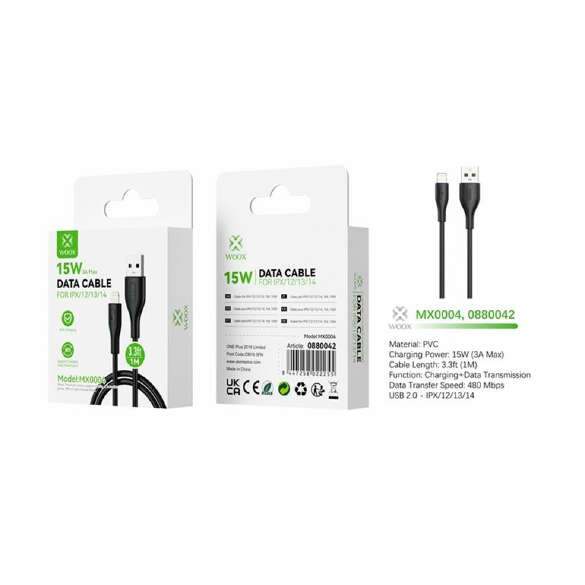 Woox MX0004 USB to Lightning PVC Data Cable, 15W Charging, 1m – Durable and Reliable, Black