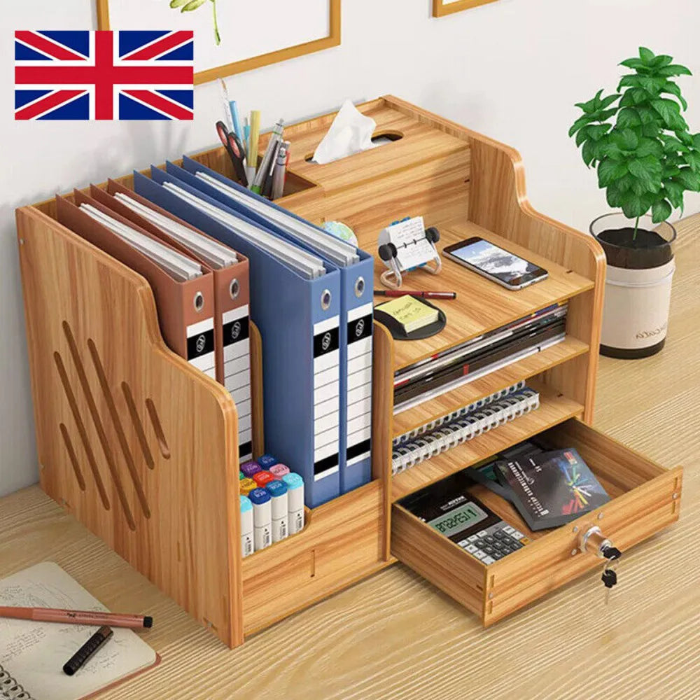 Wooden Desk Organiser – Tabletop Stationery Tidy Stand for Home and Office