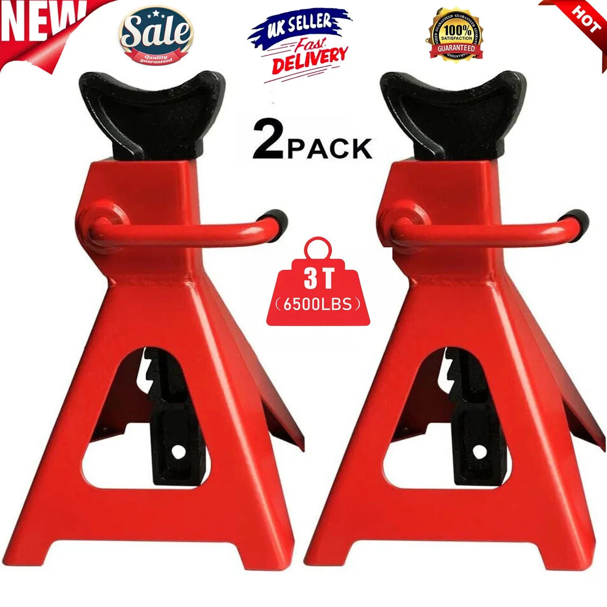 2 Piece 3 Tonne Heavy Duty Axle Stands, Ratchet Adjustable – Cast Iron Car and Caravan Support Stands, Red & Black