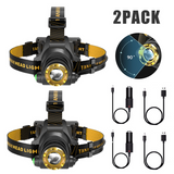 2 Pack USB Rechargeable LED Headlamps with 3 Light Modes & Zoomable Beam – Camping Head Torches, Chargers