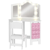 AIYAPLAY Kids Dressing Table and Stool Set with 2-Colour LED Lights, Tri-Folding Mirror and Side Pocket, White