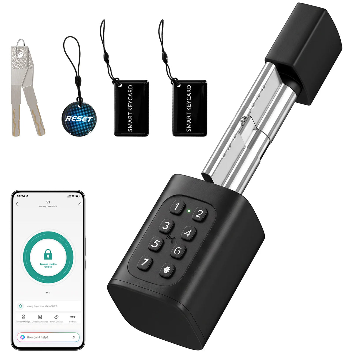 HOMCOM Smart Door Cylinder, 5-in-1 Keyless Entry with Fingerprint, App and NFC – Bluetooth Lock