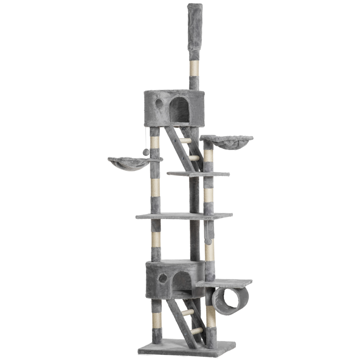 PawHut 240–260cm Floor-to-Ceiling Cat Tree with Scratching Posts, Houses & Hammocks – Cat Tower, Light Grey