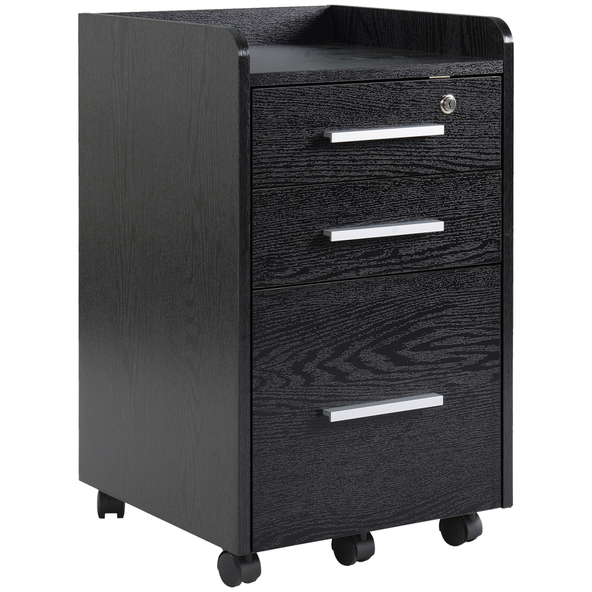 HOMCOM Mobile Office Storage Cart with 3 Drawers, Lockable Top Drawer & 5 Wheels – Wood-Effect, Black