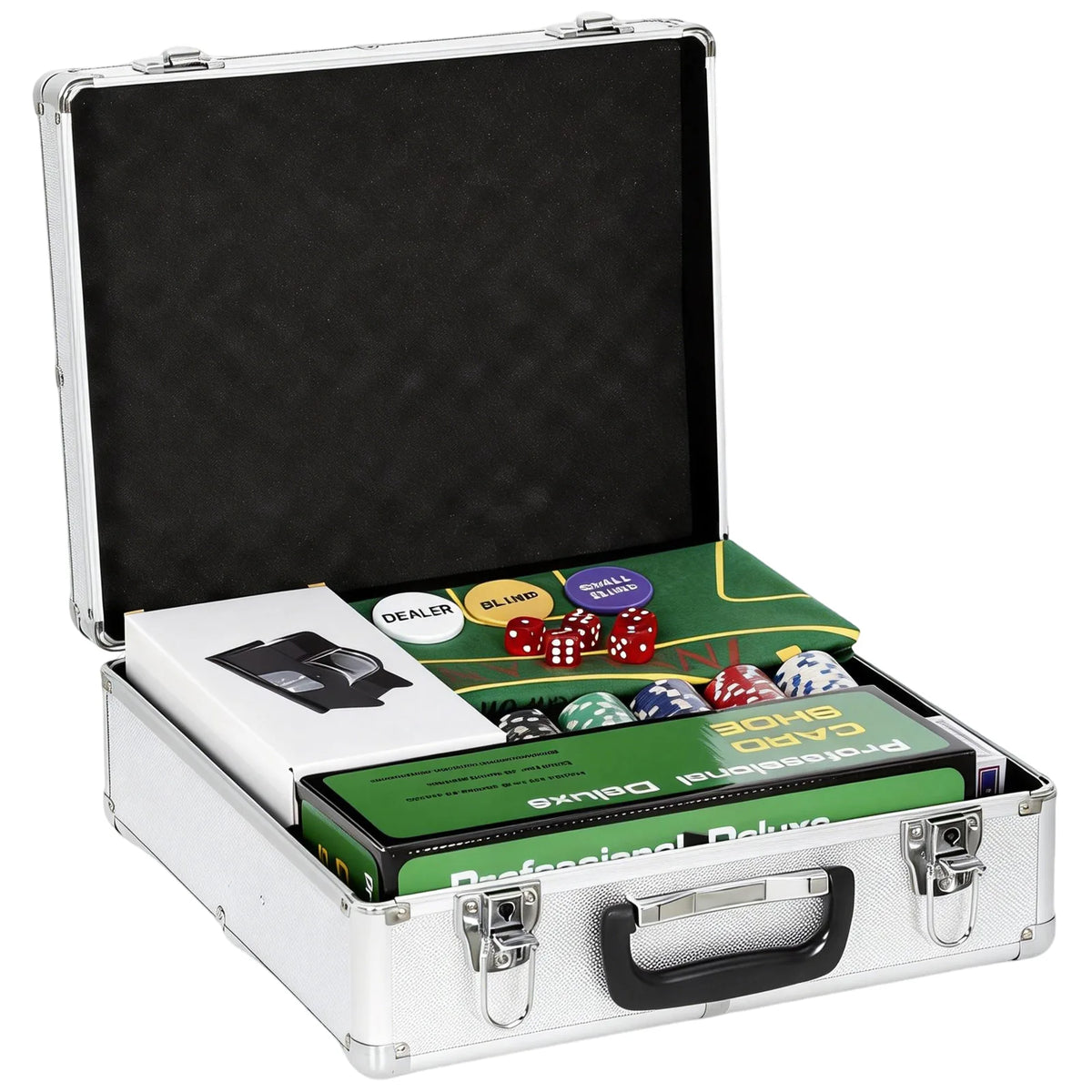 SPORTNOW 500-Piece Poker Chip Set with Card Shuffler, Card Shoe, Mat & Case – Texas Hold'em Set, Silver Tone